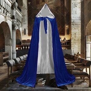 Renaissance Blue Velvet & Silver Satin Hooded Cape